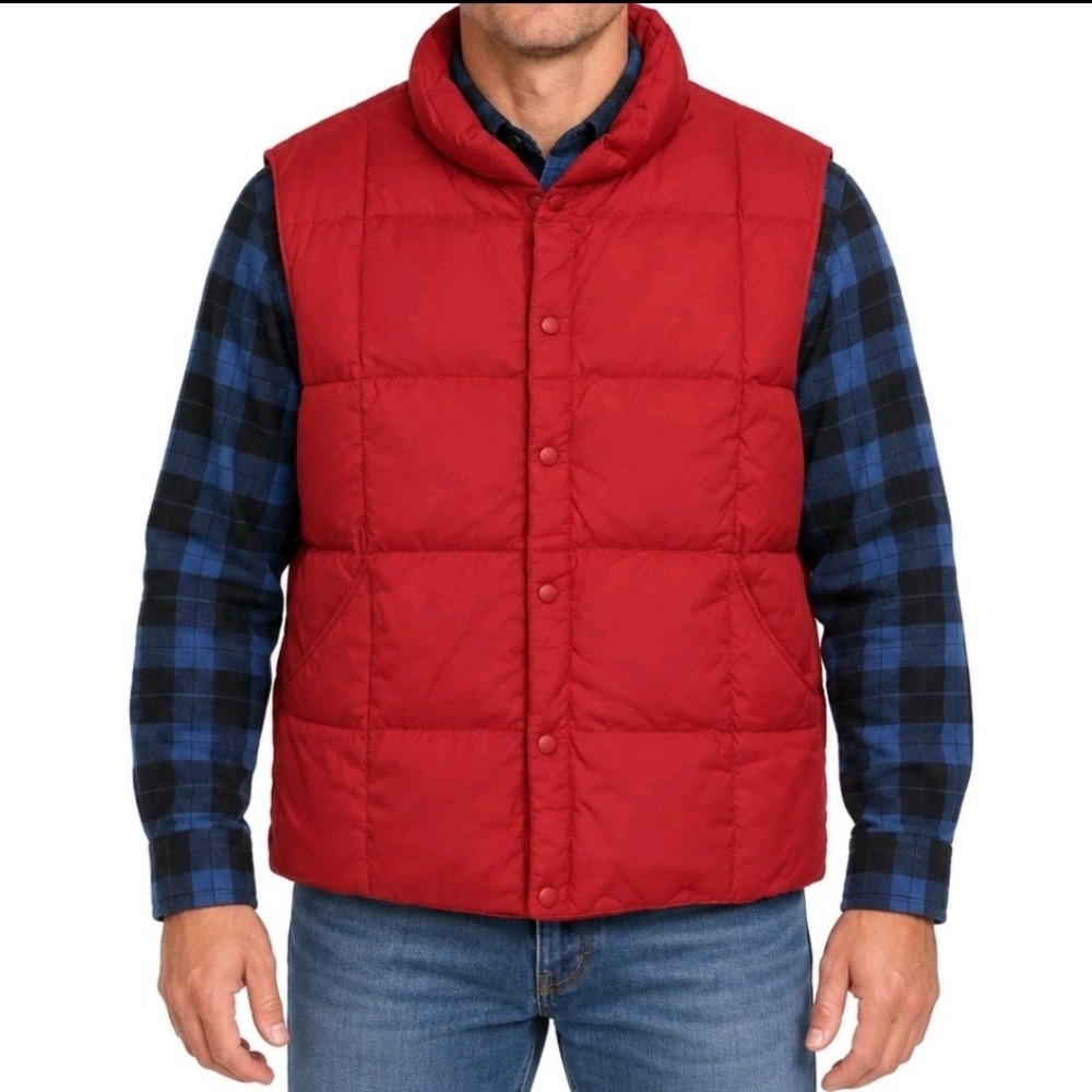 LANDS' END Mens L Red Down Puffer Vest Quilted Snap Front Outdoor Utility Layers